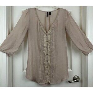 FULL TILT - Beige 3/4 Sleeve Pin Tucked Lace Trim Button-Up Blouse size Medium